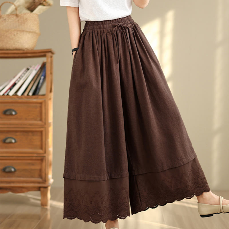 Spring Embroidery Lace Hem Patchwork Drawstring Design Women's Wide Leg Cotton Pants With Pockets