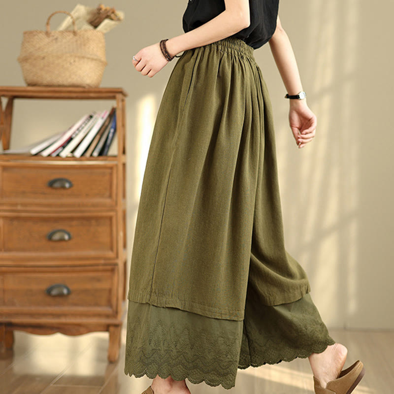 Spring Embroidery Lace Hem Patchwork Drawstring Design Women's Wide Leg Cotton Pants With Pockets