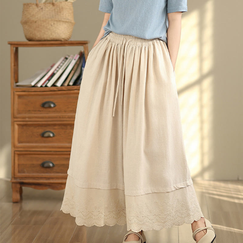Spring Embroidery Lace Hem Patchwork Drawstring Design Women's Wide Leg Cotton Pants With Pockets