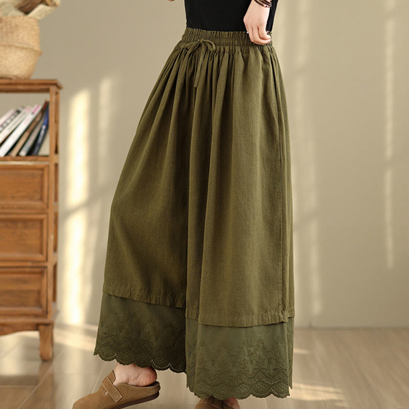 Spring Embroidery Lace Hem Patchwork Drawstring Design Women's Wide Leg Cotton Pants With Pockets
