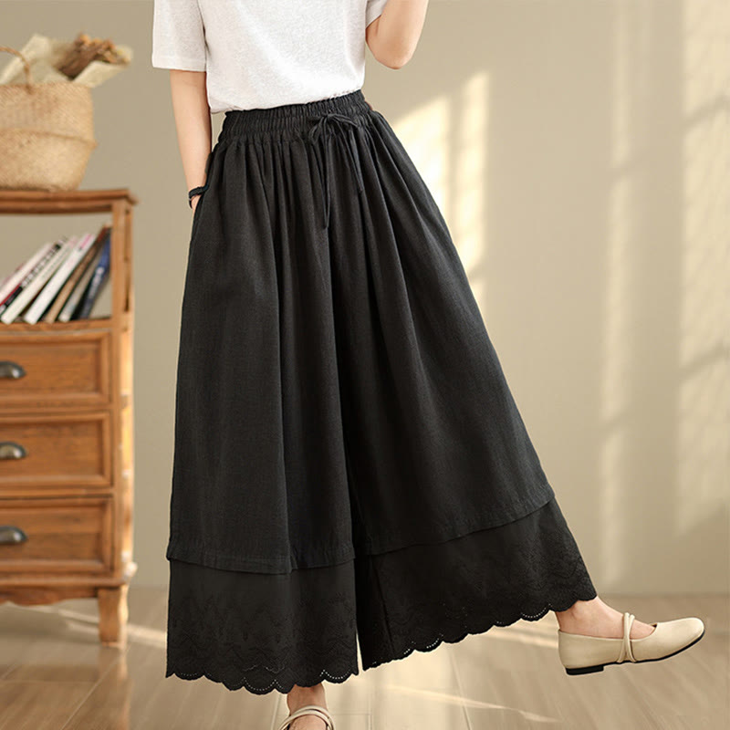 Spring Embroidery Lace Hem Patchwork Drawstring Design Women's Wide Leg Cotton Pants With Pockets