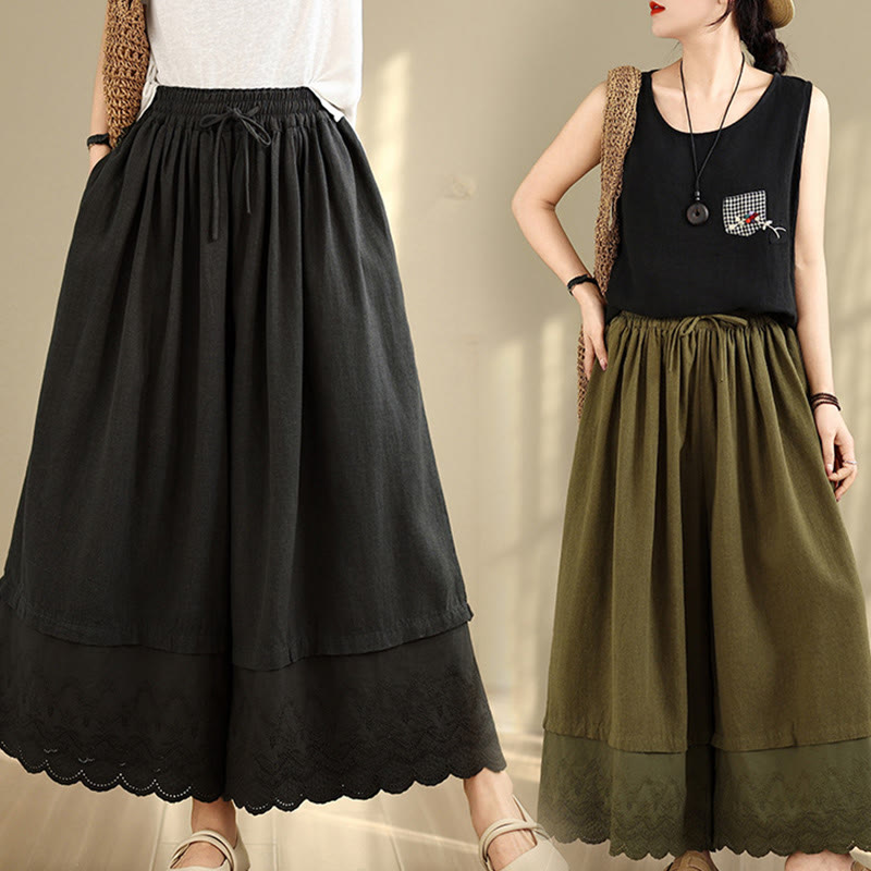 Spring Embroidery Lace Hem Patchwork Drawstring Design Women's Wide Leg Cotton Pants With Pockets