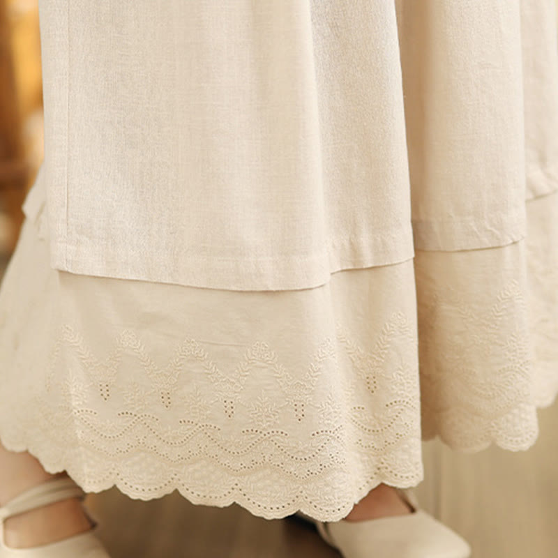 Spring Embroidery Lace Hem Patchwork Drawstring Design Women's Wide Leg Cotton Pants With Pockets