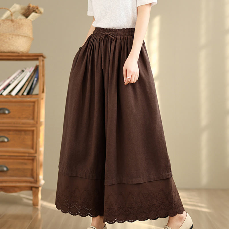 Spring Embroidery Lace Hem Patchwork Drawstring Design Women's Wide Leg Cotton Pants With Pockets