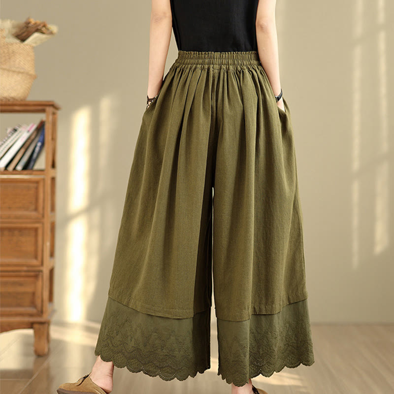 Spring Embroidery Lace Hem Patchwork Drawstring Design Women's Wide Leg Cotton Pants With Pockets
