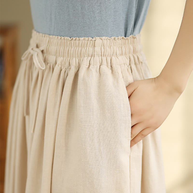 Spring Embroidery Lace Hem Patchwork Drawstring Design Women's Wide Leg Cotton Pants With Pockets