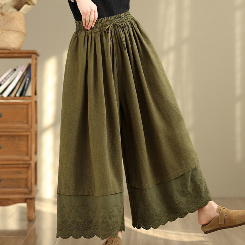 Spring Embroidery Lace Hem Patchwork Drawstring Design Women's Wide Leg Cotton Pants With Pockets