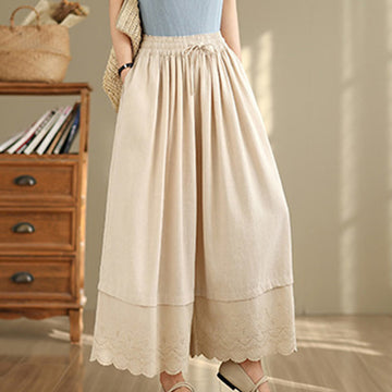 Spring Embroidery Lace Hem Patchwork Drawstring Design Women's Wide Leg Cotton Pants With Pockets