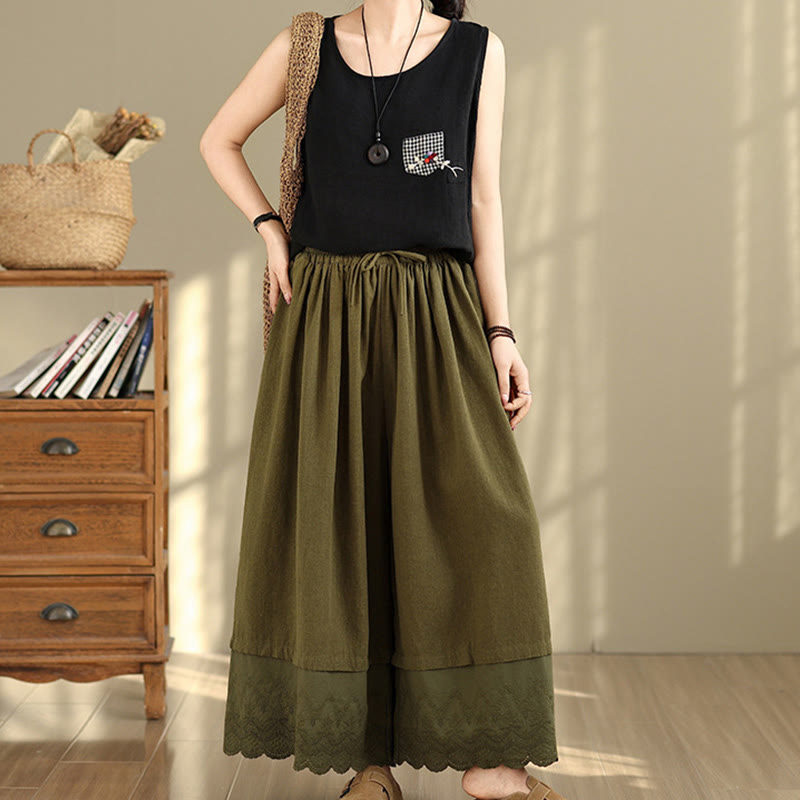 Spring Embroidery Lace Hem Patchwork Drawstring Design Women's Wide Leg Cotton Pants With Pockets