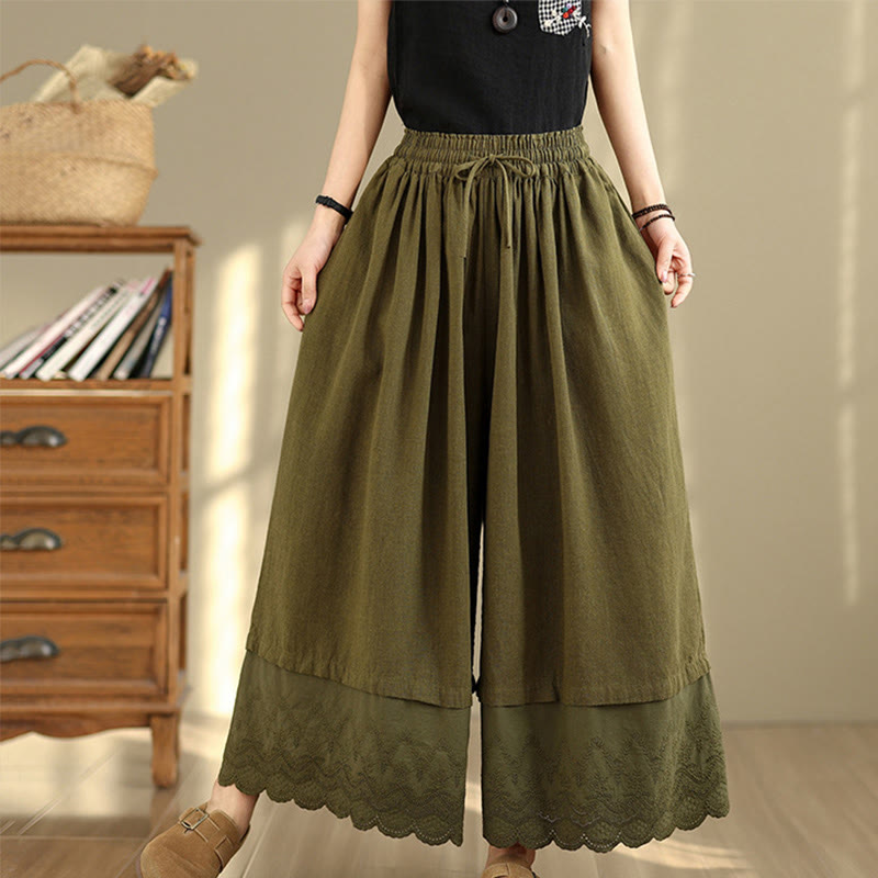 Spring Embroidery Lace Hem Patchwork Drawstring Design Women's Wide Leg Cotton Pants With Pockets