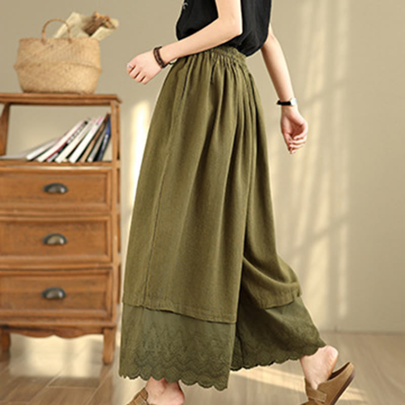 Spring Embroidery Lace Hem Patchwork Drawstring Design Women's Wide Leg Cotton Pants With Pockets