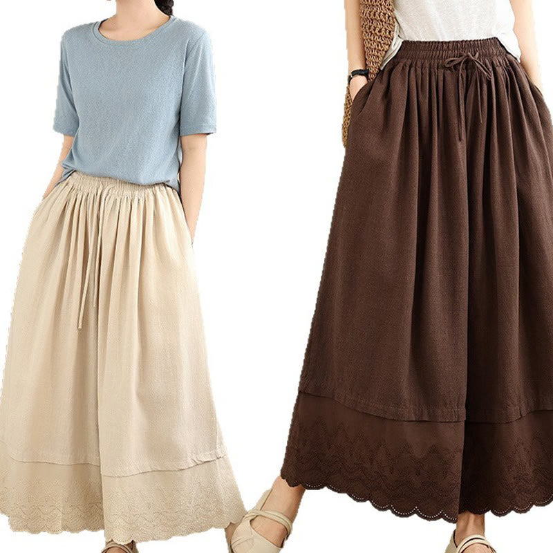 Spring Embroidery Lace Hem Patchwork Drawstring Design Women's Wide Leg Cotton Pants With Pockets