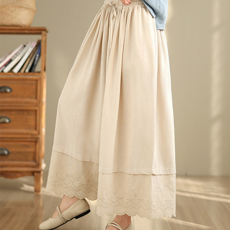 Spring Embroidery Lace Hem Patchwork Drawstring Design Women's Wide Leg Cotton Pants With Pockets
