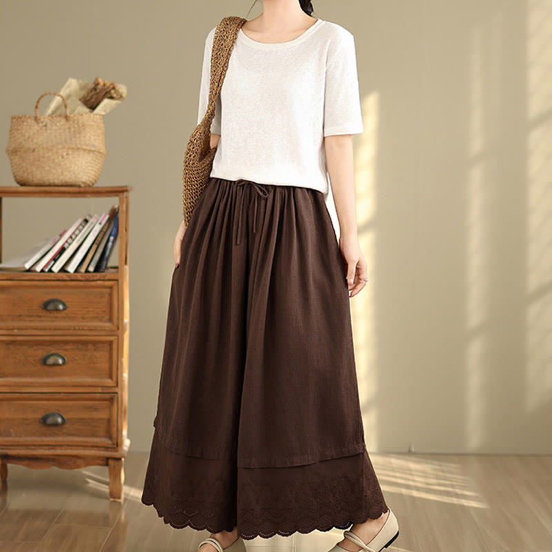Spring Embroidery Lace Hem Patchwork Drawstring Design Women's Wide Leg Cotton Pants With Pockets