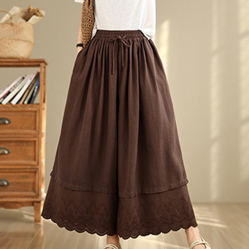Spring Embroidery Lace Hem Patchwork Drawstring Design Women's Wide Leg Cotton Pants With Pockets