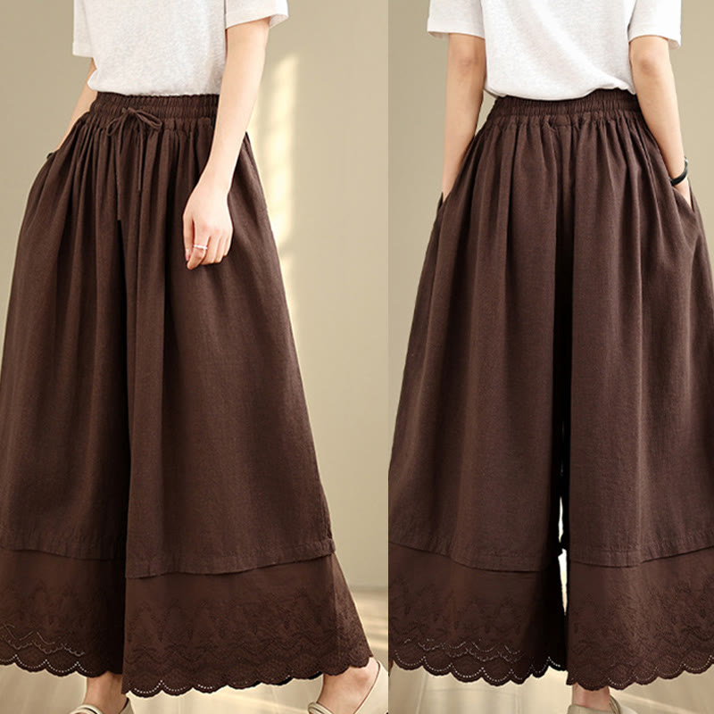 Spring Embroidery Lace Hem Patchwork Drawstring Design Women's Wide Leg Cotton Pants With Pockets