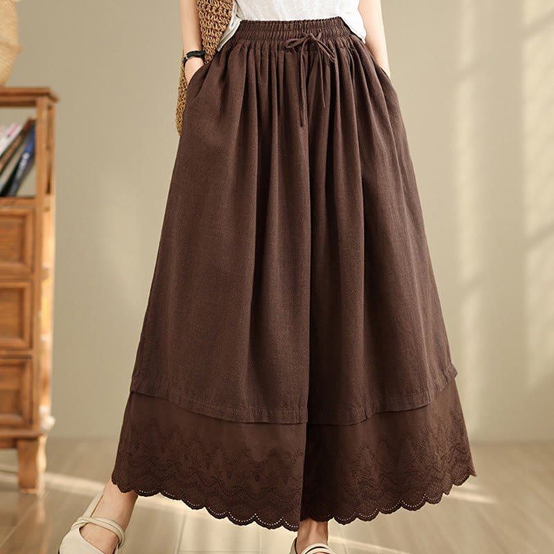Spring Embroidery Lace Hem Patchwork Drawstring Design Women's Wide Leg Cotton Pants With Pockets