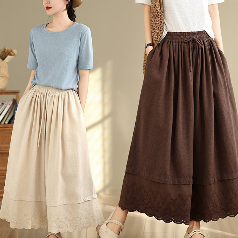 Spring Embroidery Lace Hem Patchwork Drawstring Design Women's Wide Leg Cotton Pants With Pockets