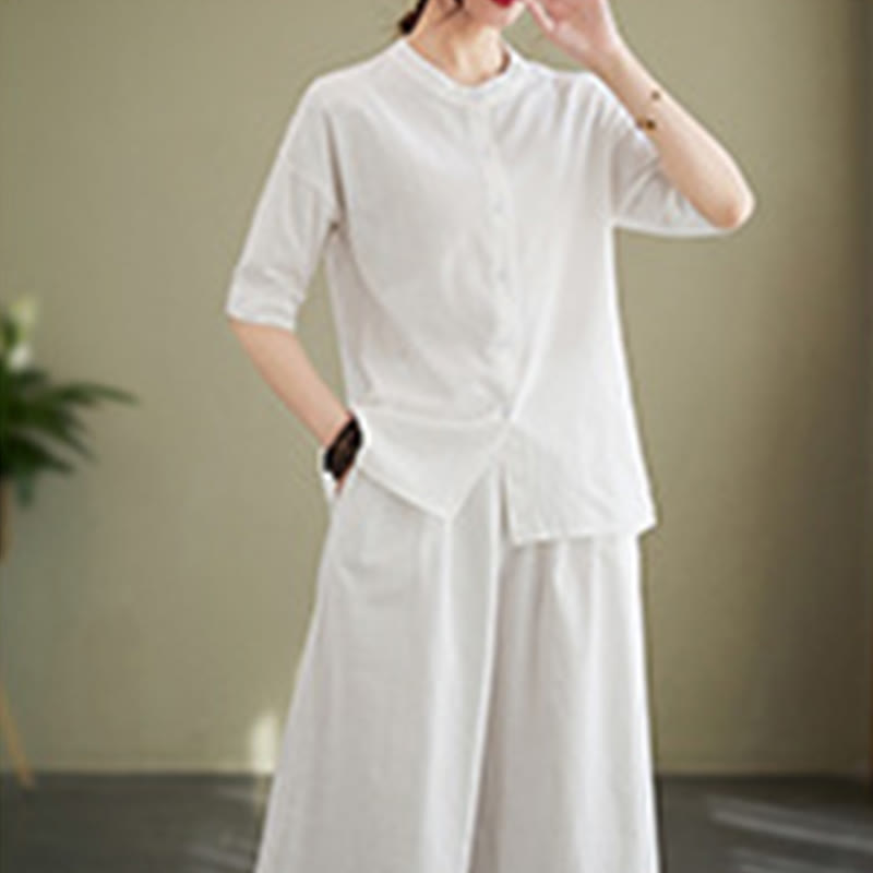 2Pcs Casual Solid Color Button Design Half Sleeve Shirt Wide Leg Pants With Pockets Cotton Zen Clothing Women's Set