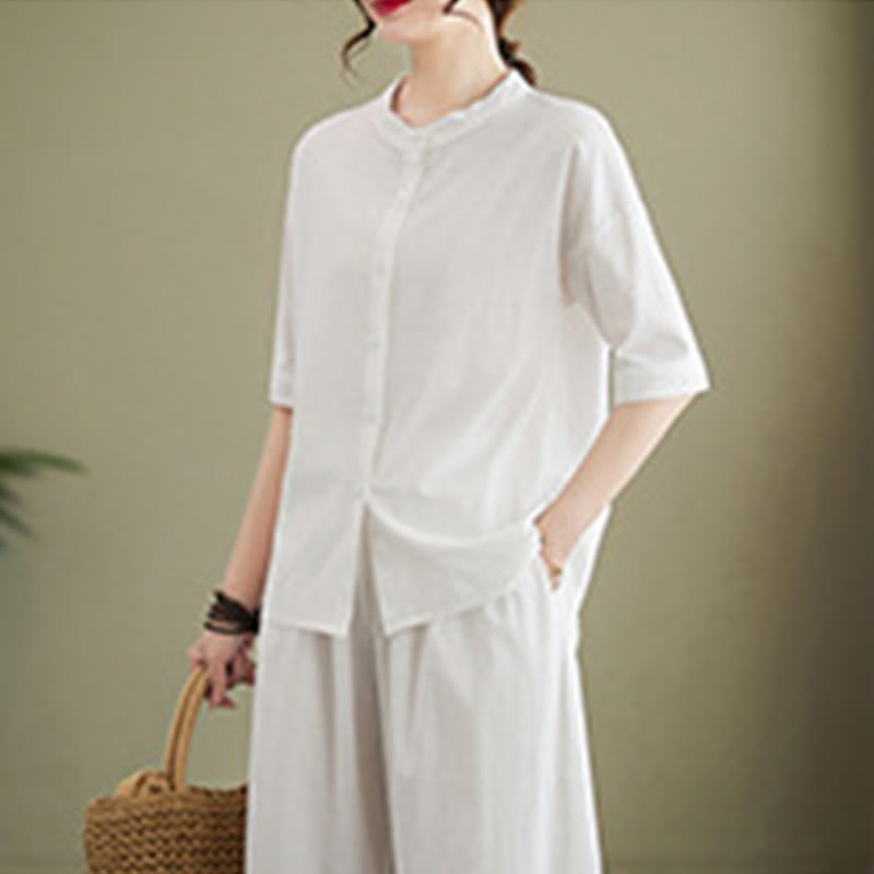 2Pcs Casual Solid Color Button Design Half Sleeve Shirt Wide Leg Pants With Pockets Cotton Zen Clothing Women's Set