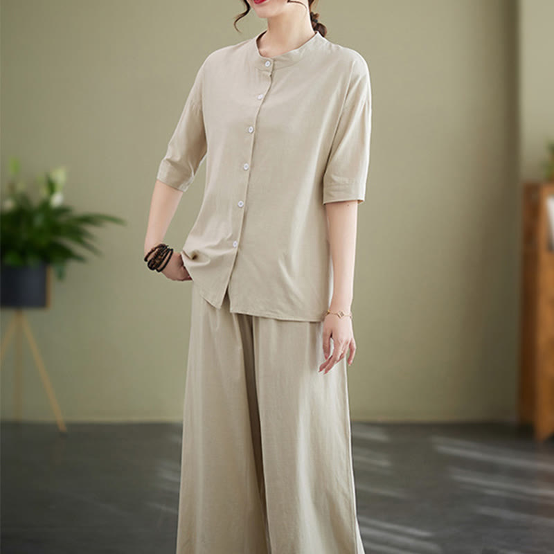 2Pcs Casual Solid Color Button Design Half Sleeve Shirt Wide Leg Pants With Pockets Cotton Zen Clothing Women's Set