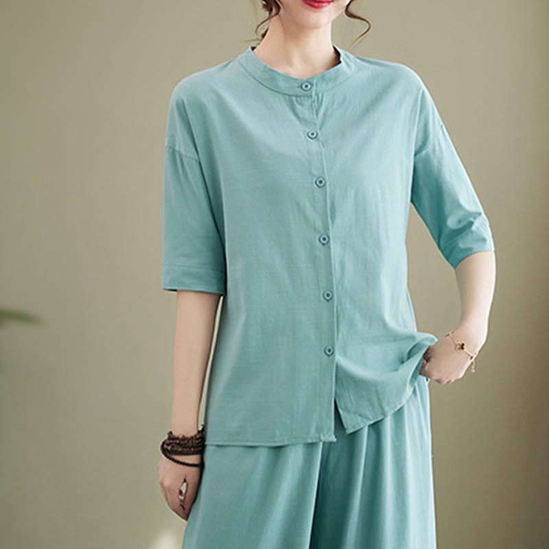 2Pcs Casual Solid Color Button Design Half Sleeve Shirt Wide Leg Pants With Pockets Cotton Zen Clothing Women's Set