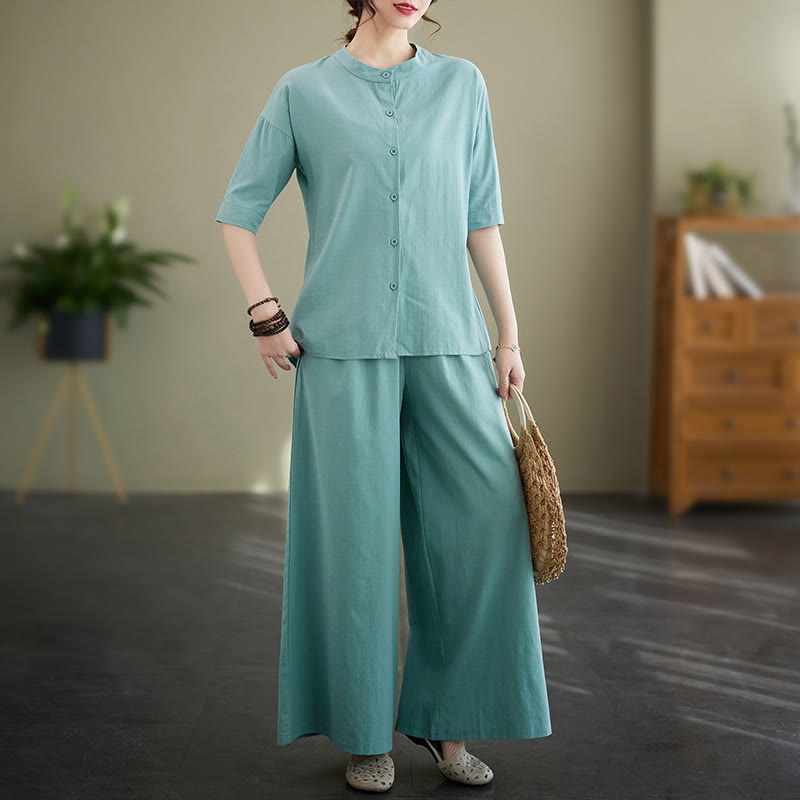 2Pcs Casual Solid Color Button Design Half Sleeve Shirt Wide Leg Pants With Pockets Cotton Zen Clothing Women's Set