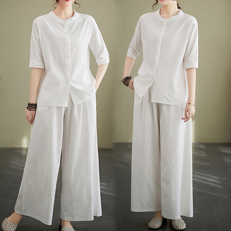 2Pcs Casual Solid Color Button Design Half Sleeve Shirt Wide Leg Pants With Pockets Cotton Zen Clothing Women's Set