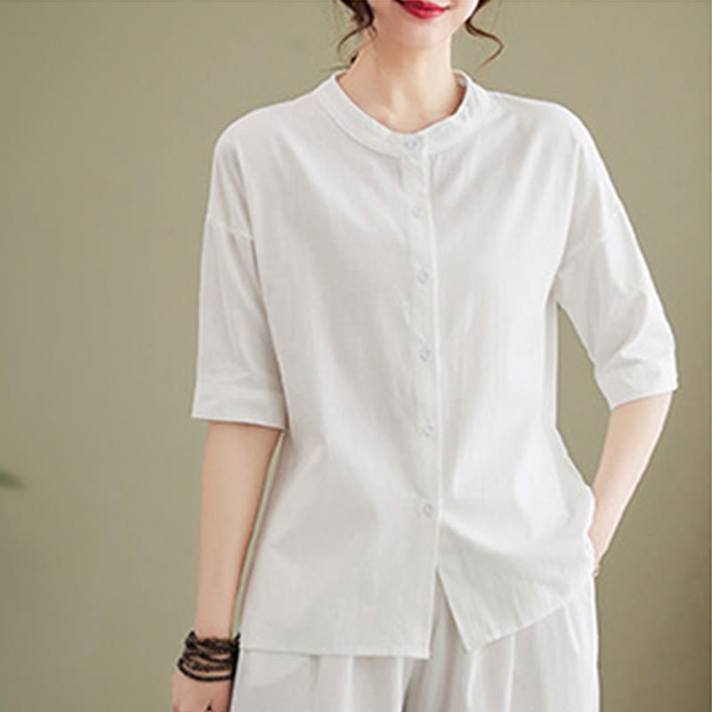 2Pcs Casual Solid Color Button Design Half Sleeve Shirt Wide Leg Pants With Pockets Cotton Zen Clothing Women's Set