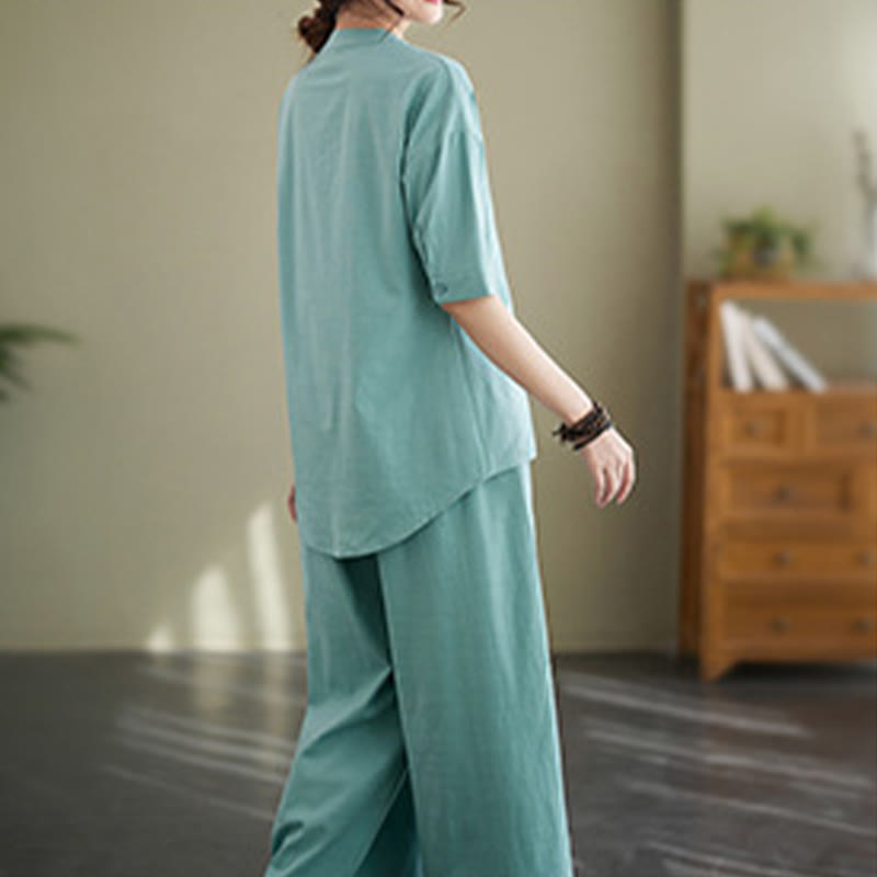 2Pcs Casual Solid Color Button Design Half Sleeve Shirt Wide Leg Pants With Pockets Cotton Zen Clothing Women's Set