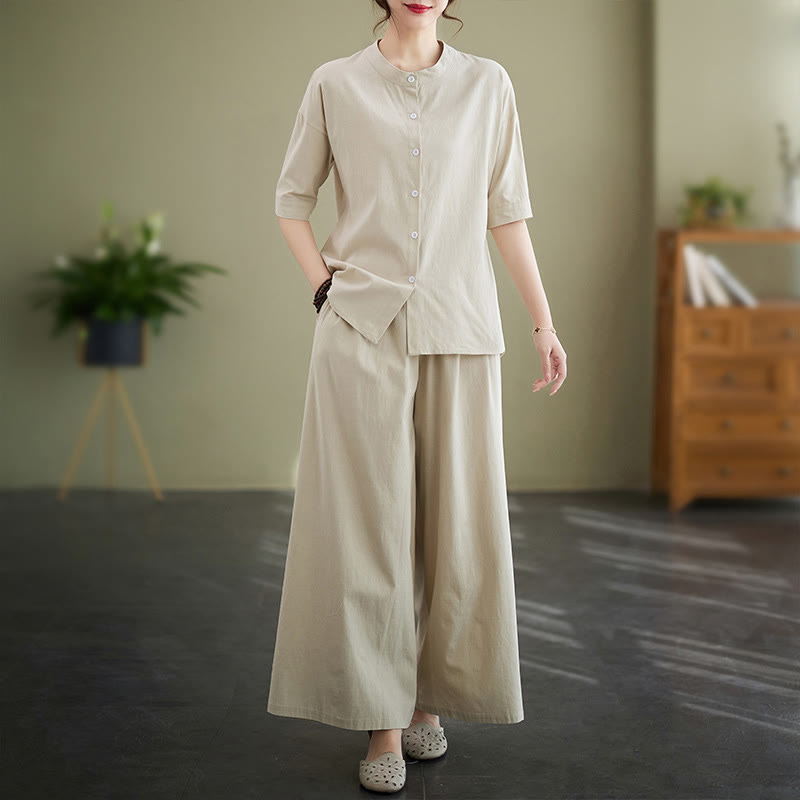 2Pcs Casual Solid Color Button Design Half Sleeve Shirt Wide Leg Pants With Pockets Cotton Zen Clothing Women's Set