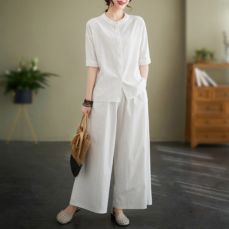 2Pcs Casual Solid Color Button Design Half Sleeve Shirt Wide Leg Pants With Pockets Cotton Zen Clothing Women's Set