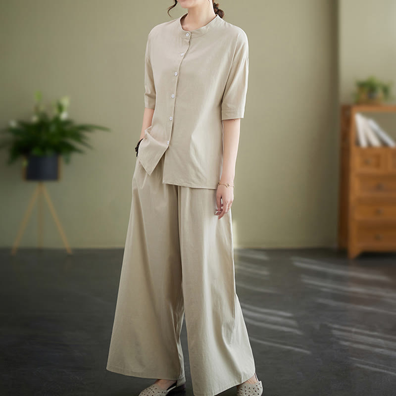 2Pcs Casual Solid Color Button Design Half Sleeve Shirt Wide Leg Pants With Pockets Cotton Zen Clothing Women's Set
