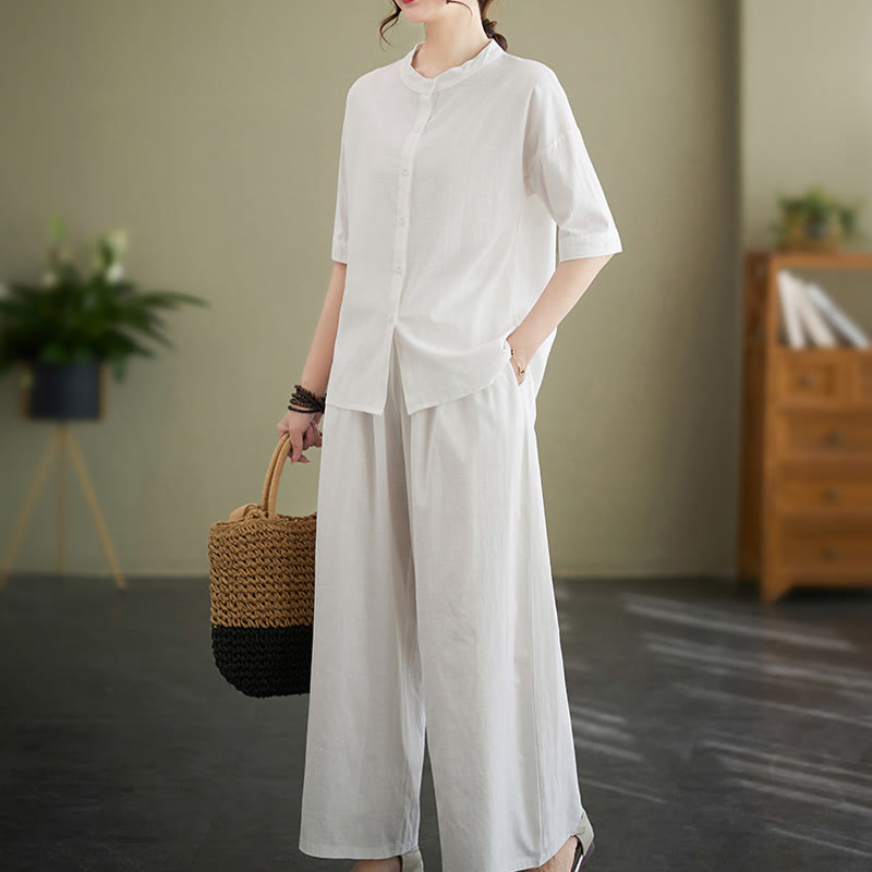 2Pcs Casual Solid Color Button Design Half Sleeve Shirt Wide Leg Pants With Pockets Cotton Zen Clothing Women's Set