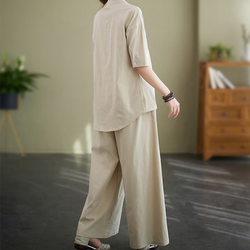 2Pcs Casual Solid Color Button Design Half Sleeve Shirt Wide Leg Pants With Pockets Cotton Zen Clothing Women's Set