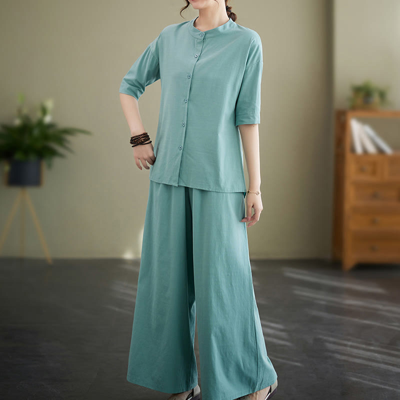 2Pcs Casual Solid Color Button Design Half Sleeve Shirt Wide Leg Pants With Pockets Cotton Zen Clothing Women's Set