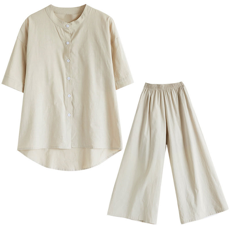 2Pcs Casual Solid Color Button Design Half Sleeve Shirt Wide Leg Pants With Pockets Cotton Zen Clothing Women's Set