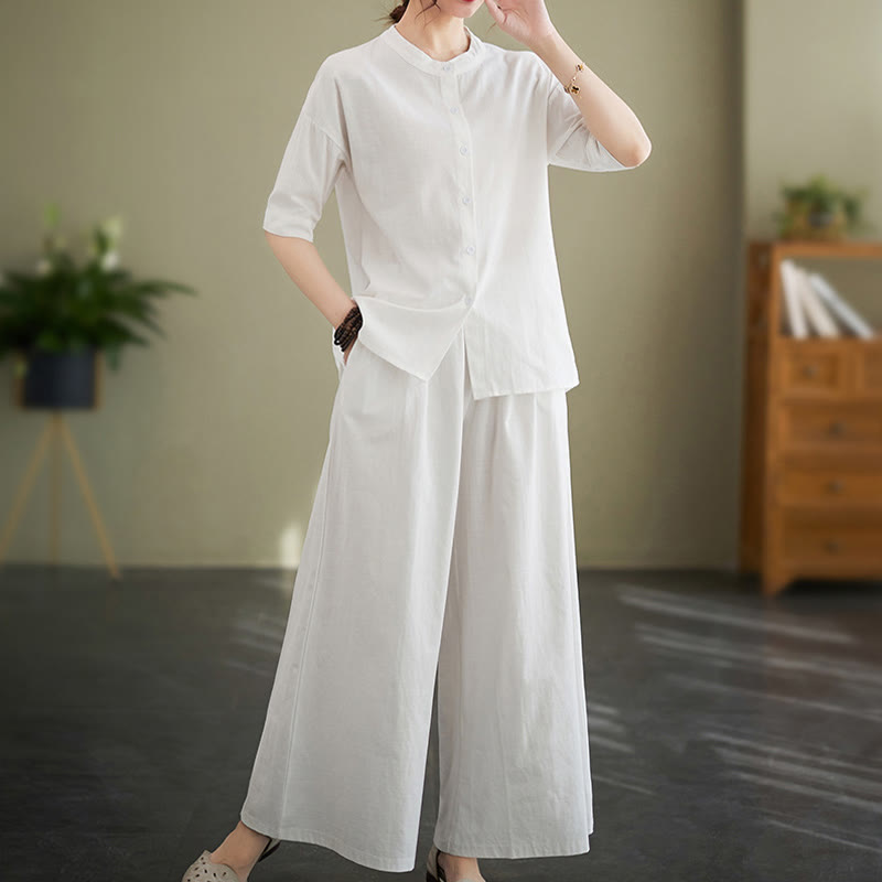 2Pcs Casual Solid Color Button Design Half Sleeve Shirt Wide Leg Pants With Pockets Cotton Zen Clothing Women's Set