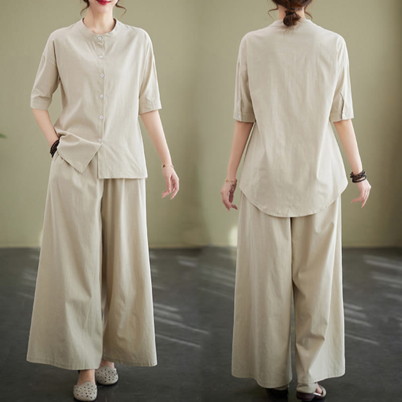 2Pcs Casual Solid Color Button Design Half Sleeve Shirt Wide Leg Pants With Pockets Cotton Zen Clothing Women's Set