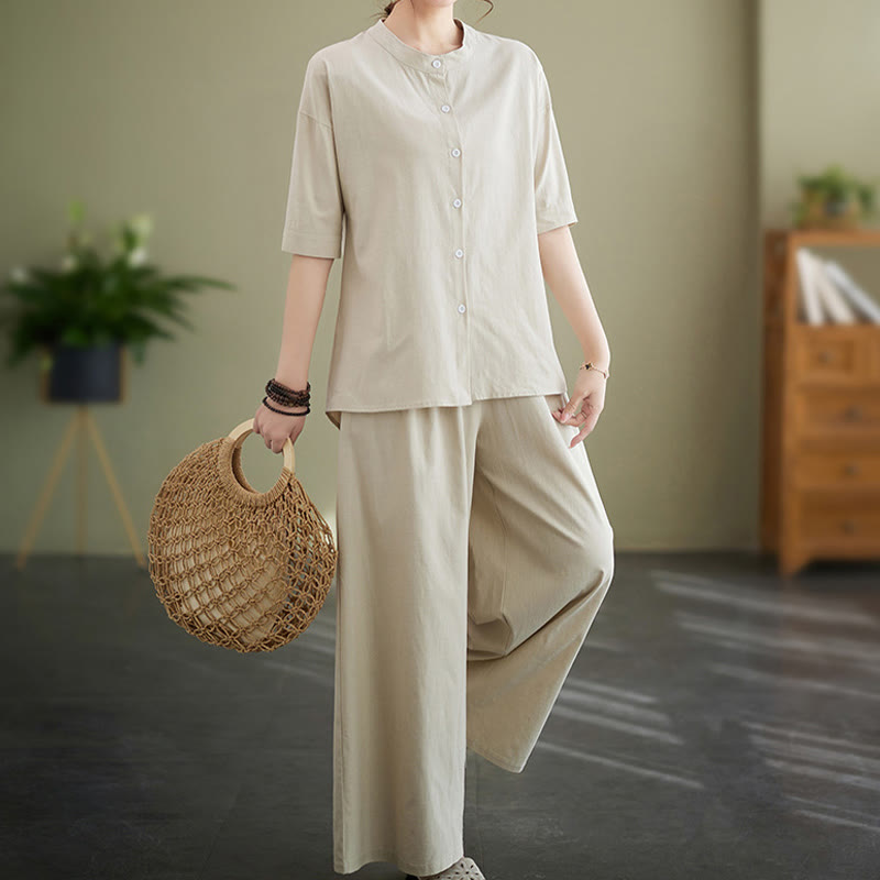 2Pcs Casual Solid Color Button Design Half Sleeve Shirt Wide Leg Pants With Pockets Cotton Zen Clothing Women's Set