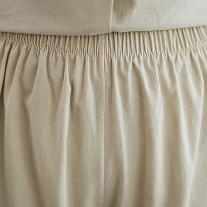2Pcs Casual Solid Color Button Design Half Sleeve Shirt Wide Leg Pants With Pockets Cotton Zen Clothing Women's Set