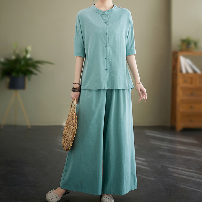 2Pcs Casual Solid Color Button Design Half Sleeve Shirt Wide Leg Pants With Pockets Cotton Zen Clothing Women's Set