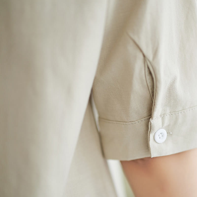 2Pcs Casual Solid Color Button Design Half Sleeve Shirt Wide Leg Pants With Pockets Cotton Zen Clothing Women's Set