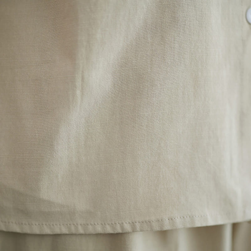 2Pcs Casual Solid Color Button Design Half Sleeve Shirt Wide Leg Pants With Pockets Cotton Zen Clothing Women's Set