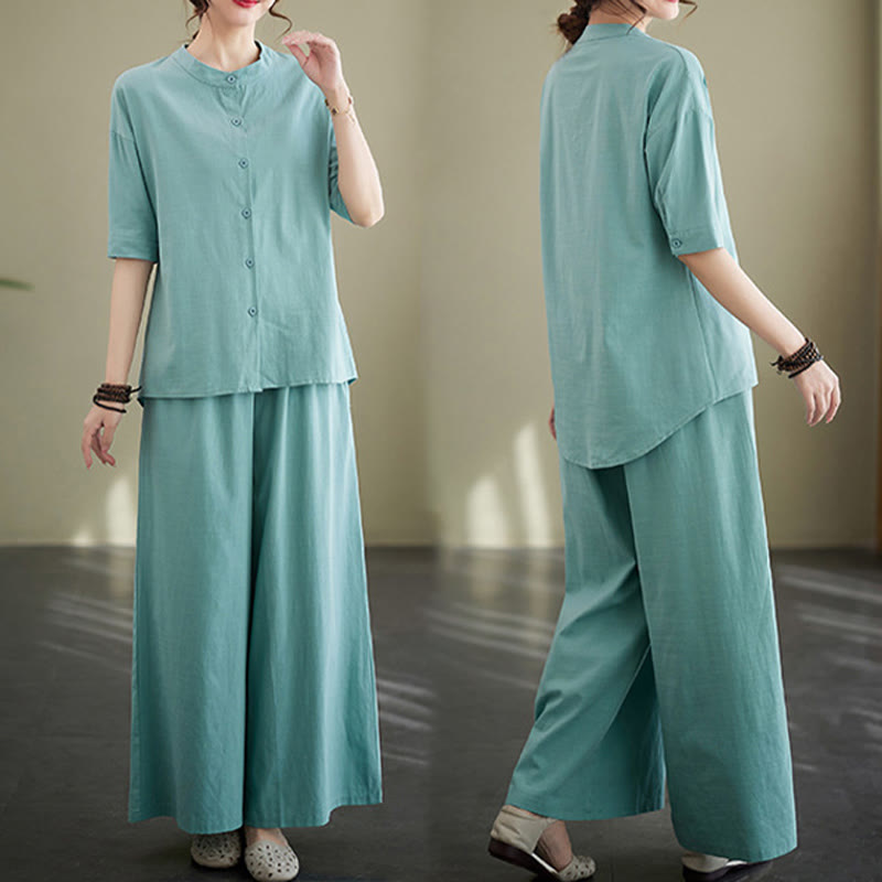 2Pcs Casual Solid Color Button Design Half Sleeve Shirt Wide Leg Pants With Pockets Cotton Zen Clothing Women's Set