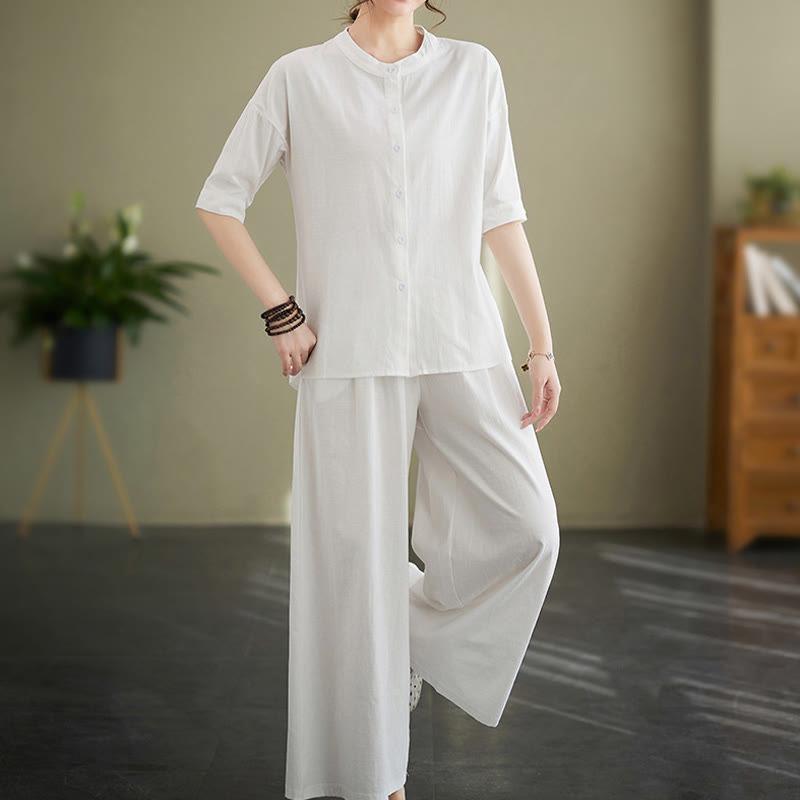 2Pcs Casual Solid Color Button Design Half Sleeve Shirt Wide Leg Pants With Pockets Cotton Zen Clothing Women's Set