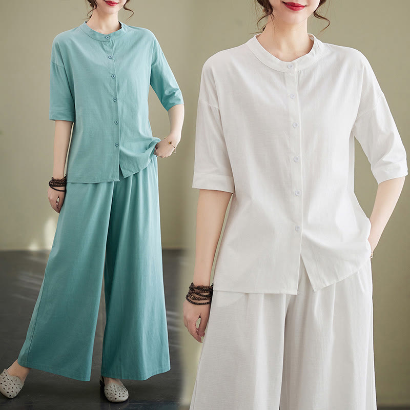 2Pcs Casual Solid Color Button Design Half Sleeve Shirt Wide Leg Pants With Pockets Cotton Zen Clothing Women's Set