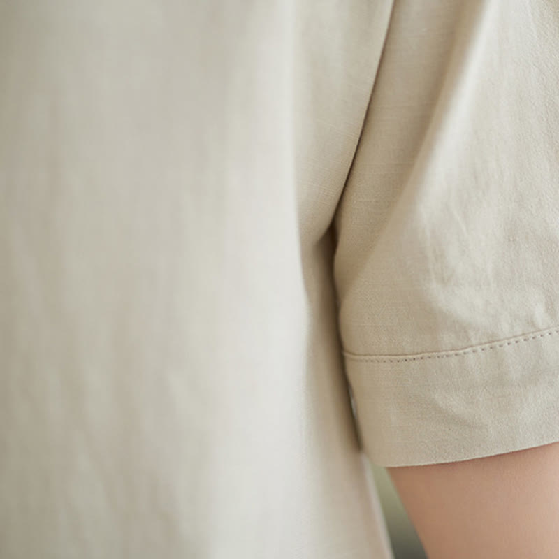 2Pcs Casual Solid Color Button Design Half Sleeve Shirt Wide Leg Pants With Pockets Cotton Zen Clothing Women's Set