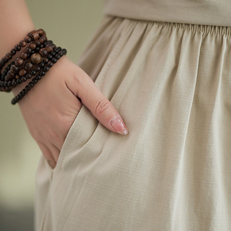 2Pcs Casual Solid Color Button Design Half Sleeve Shirt Wide Leg Pants With Pockets Cotton Zen Clothing Women's Set