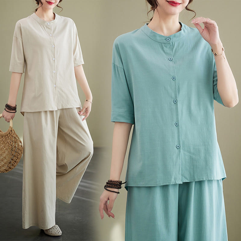 2Pcs Casual Solid Color Button Design Half Sleeve Shirt Wide Leg Pants With Pockets Cotton Zen Clothing Women's Set